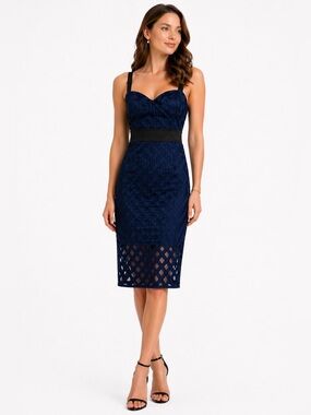 Milly Navy Lattice Sheath Dress Mesh Hem Sweetheart Size 4